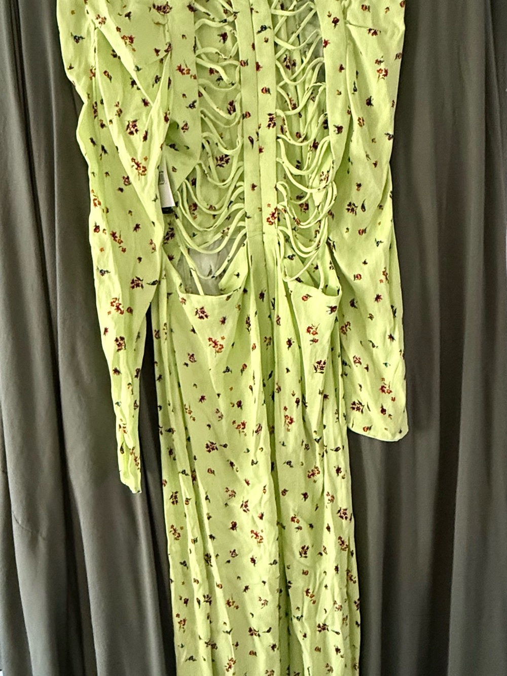 AFRM Lime Green Floral Midi Dress with Lace-Up Back